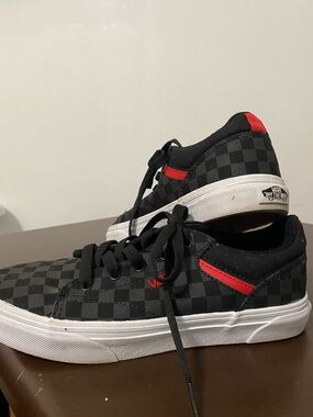 Vans Black Checkerboard Low Top Sneakers with Red Accents